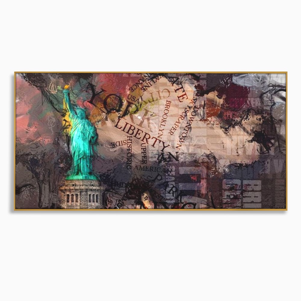 Tablou canvas cu tablou canvas cu statuia libertatii si text, in rama de aluminiu auriu